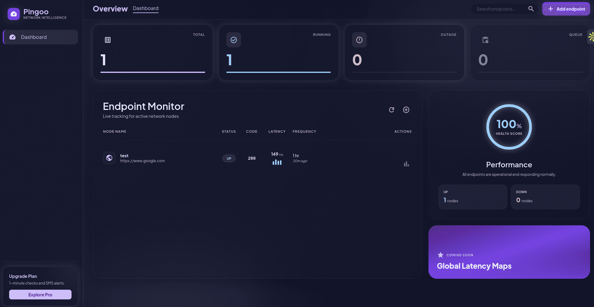 Pingoo monitoring dashboard with stats, endpoint table and health score