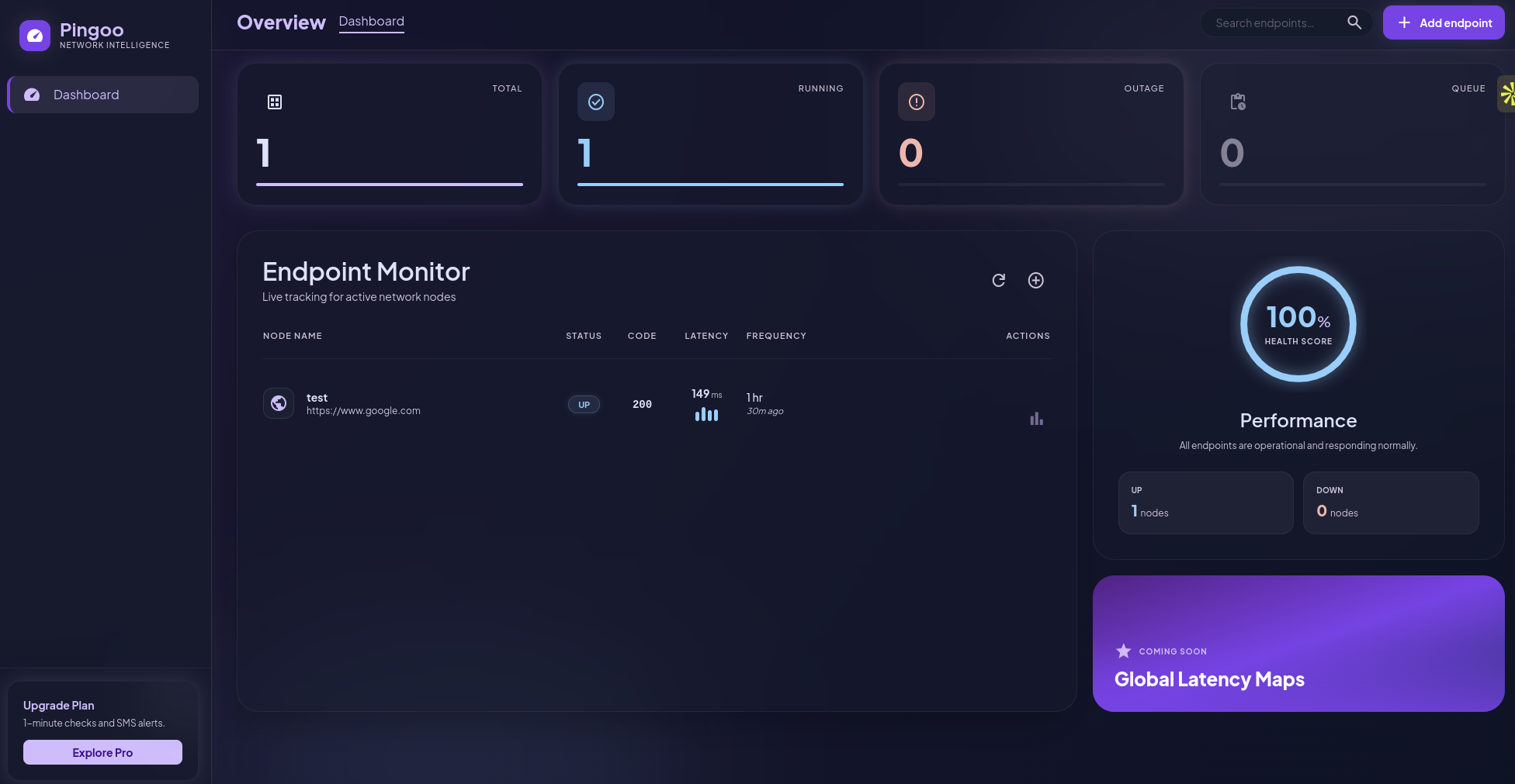 Pingoo monitoring dashboard with stats, endpoint table and health score